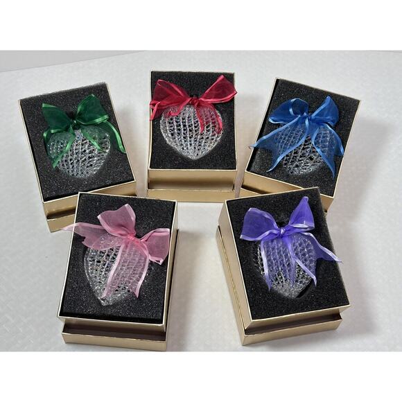 Set 5 Handblown Spun Iridescent Glass Heart Ornament w Ribbon Bows 3" Holiday - Picture 7 of 10